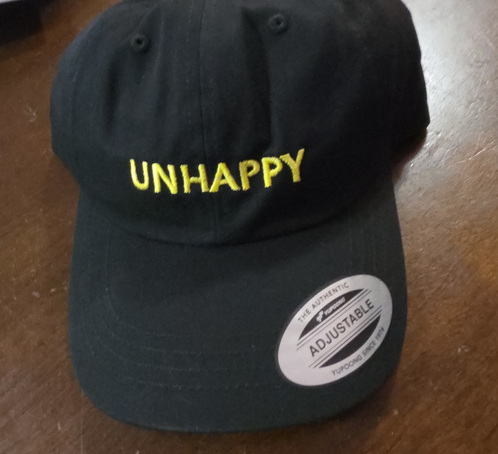 Black Cap with Yellow "UNHAPPY" Embroidery - Adjustable